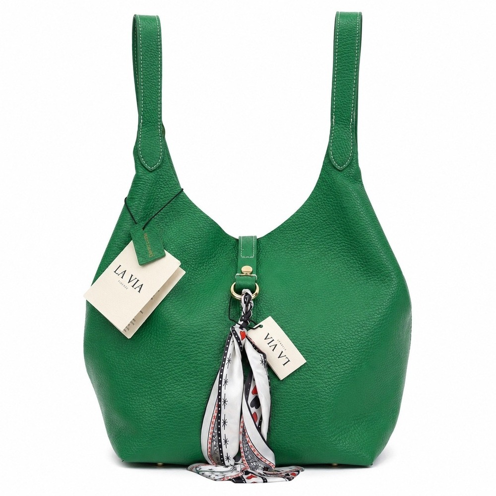 LA VIA Firenze Green Pebbled Leather Hobo Bag Made in Italy LV26220 NWT